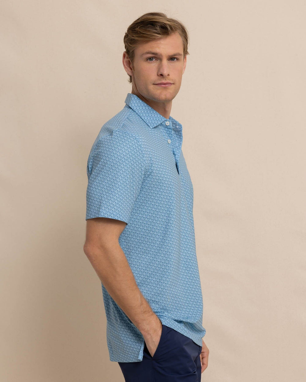 The front view of the Southern Tide Driver Vacation Views Printed Polo by Southern Tide - Clearwater Blue