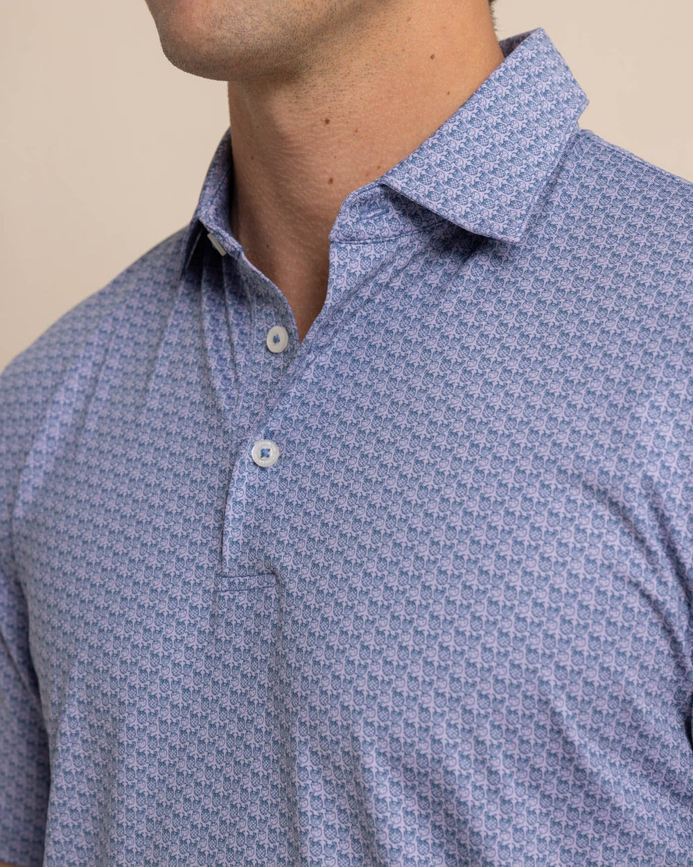 The detail view of the Southern Tide Driver Vacation Views Printed Polo by Southern Tide - Wisteria Purple