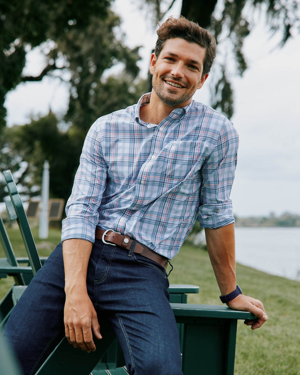The front view of the Southern Tide Durwood Plaid Intercoastal Sport Shirts by Southern Tide - Dream Blue