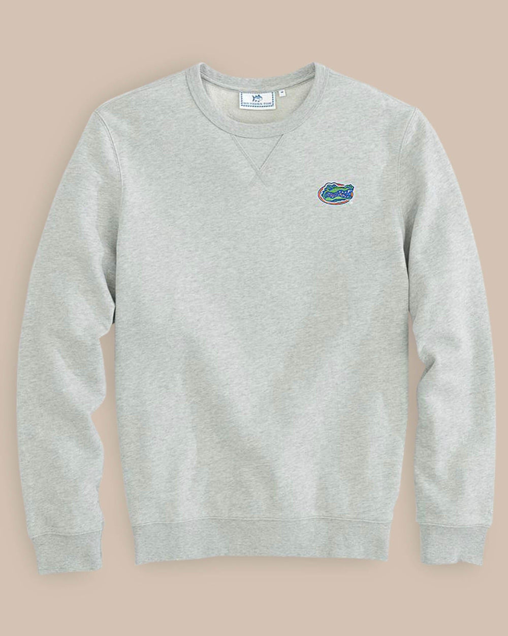 The front view of the Men's Grey Florida Gators Upper Deck Pullover Sweatshirt by Southern Tide - Heather Slate Grey