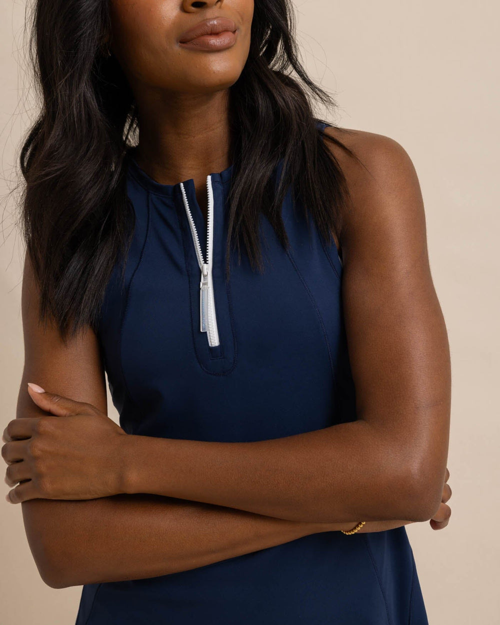The detail view of the Southern Tide Frances Zip Front Performance Dress by Southern Tide - Dress Blue