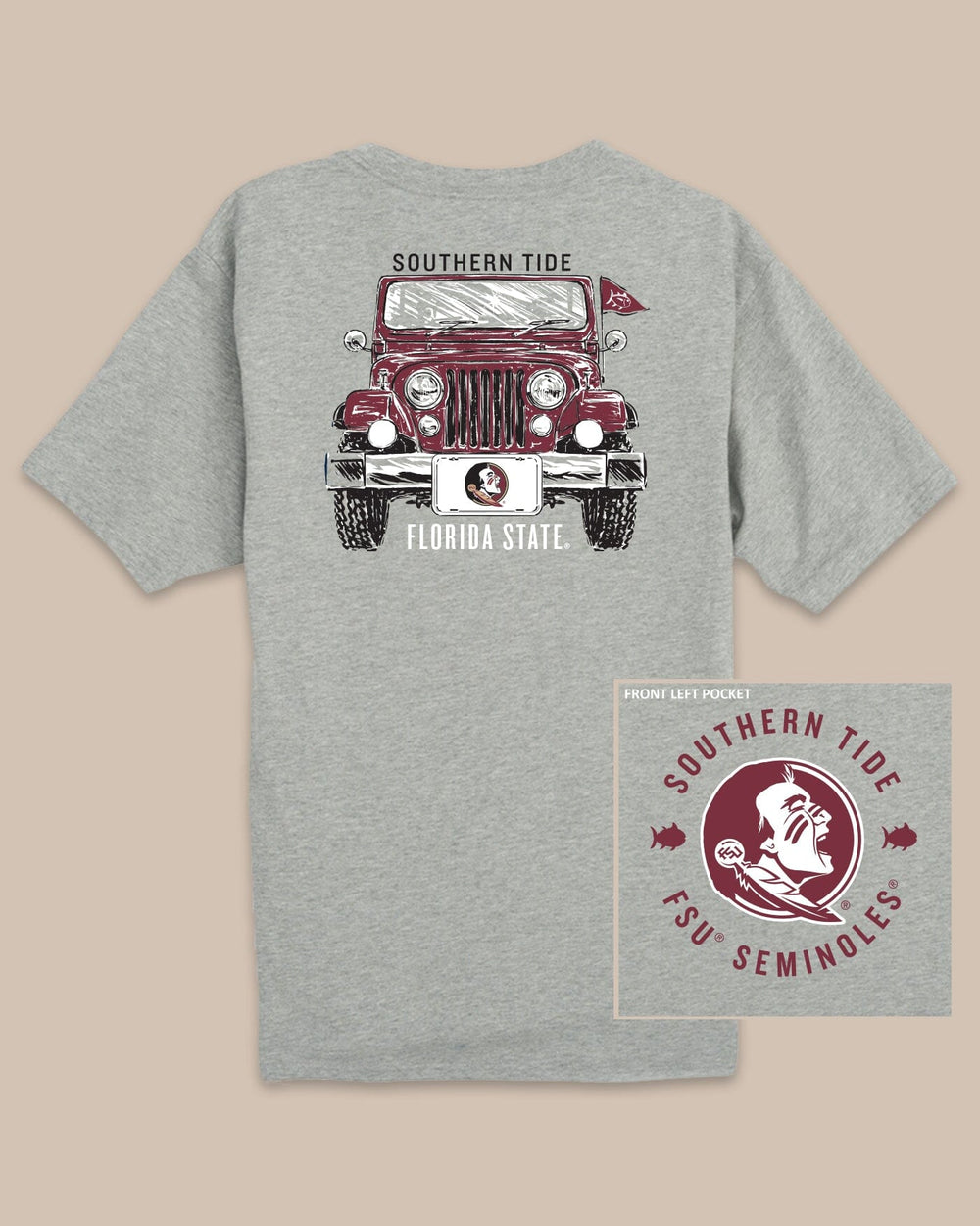 The back view of the FSU Seminoles Heather Front Plate T-Shirt by Southern Tide - Heather Grey