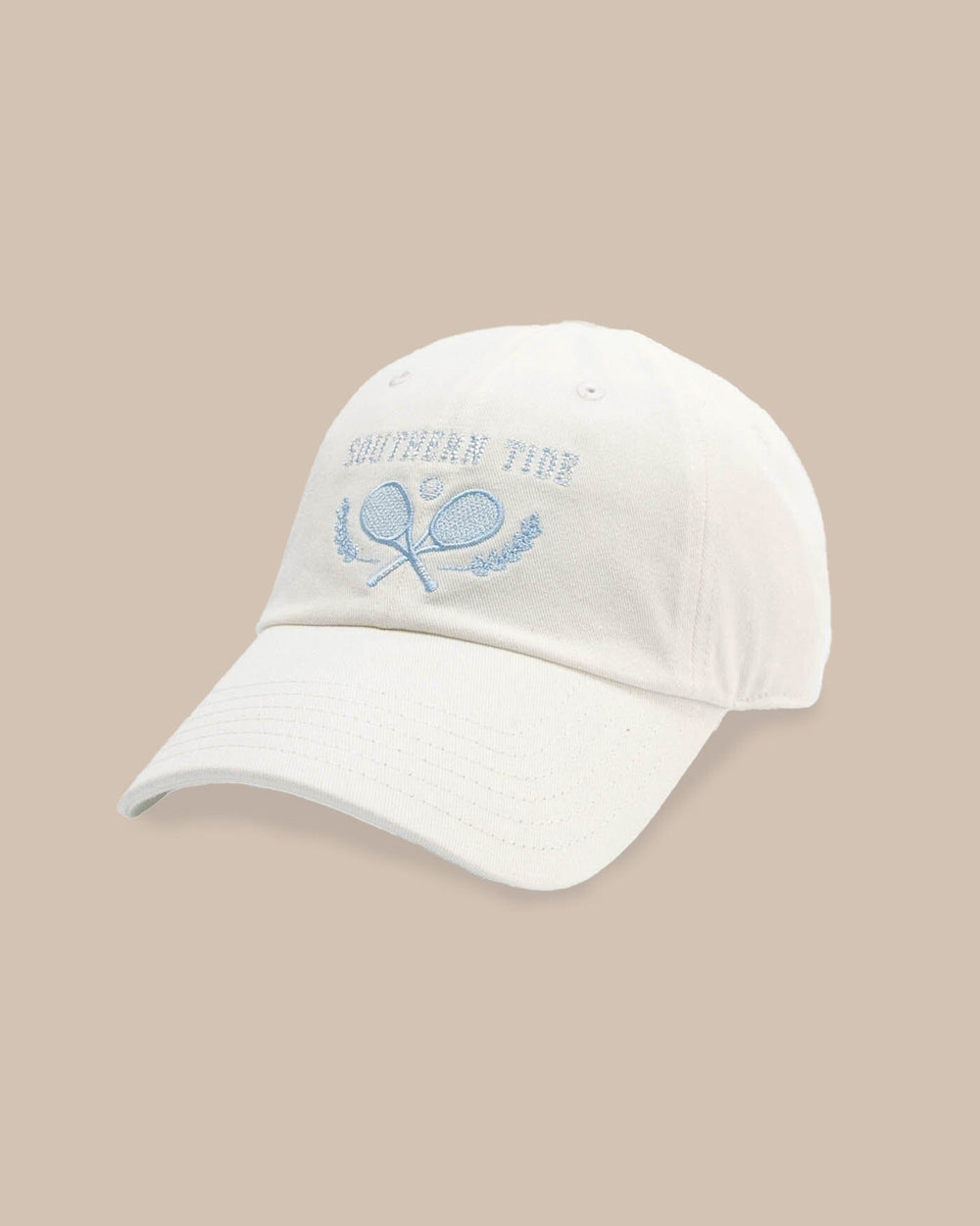 The front view of the Southern Tide Game Set Match Leather Strap Hat by Southern Tide - White