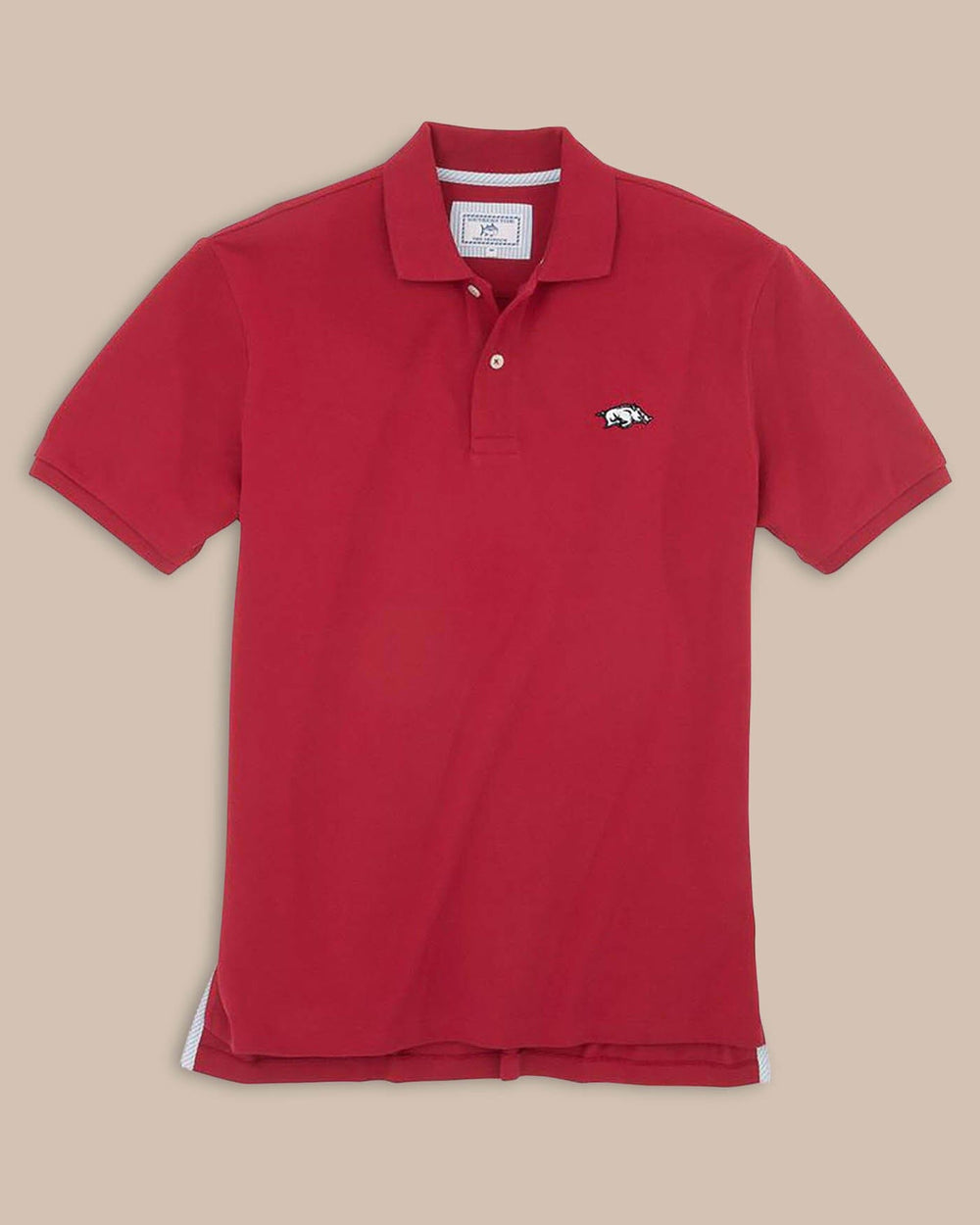 The front view of the Men's Red Arkansas Razorbacks Pique Polo Shirt by Southern Tide - Crimson