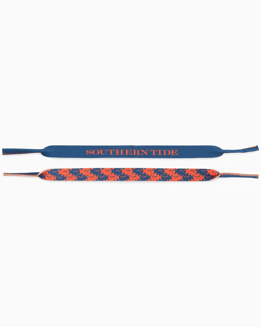 The front view of the Gameday Skipjack Sunglass Straps by Southern Tide - University Blue and Endzone Orange