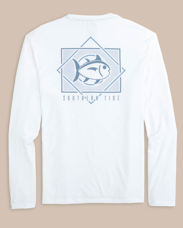 The back view of the Southern Tide Geometric Striped Long Sleeve Performance T-shirt by Southern Tide - Classic White