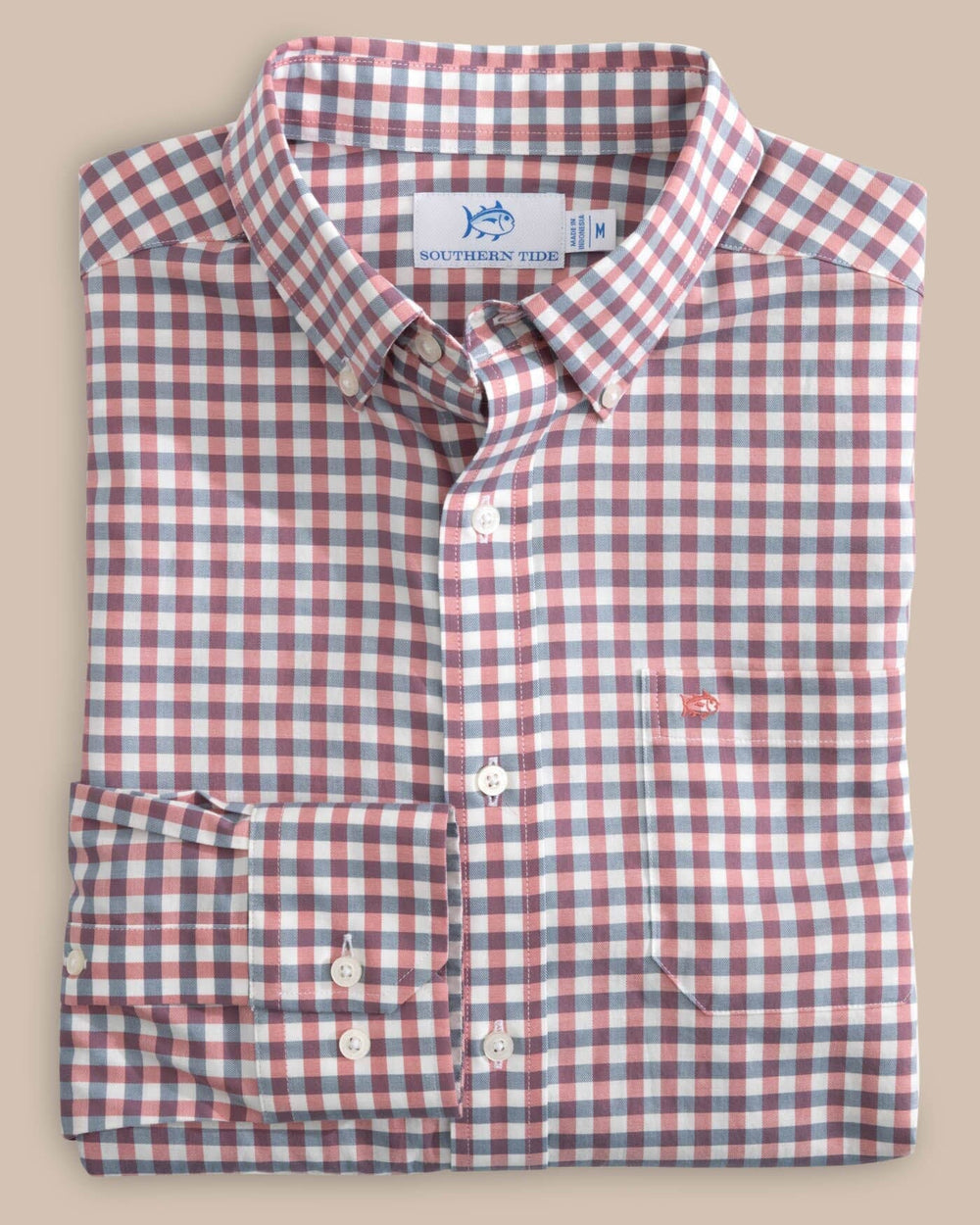 The front view of the Southern Tide Skipack Hammond Gingham Sport Shirts by Southern Tide - Dusty Coral