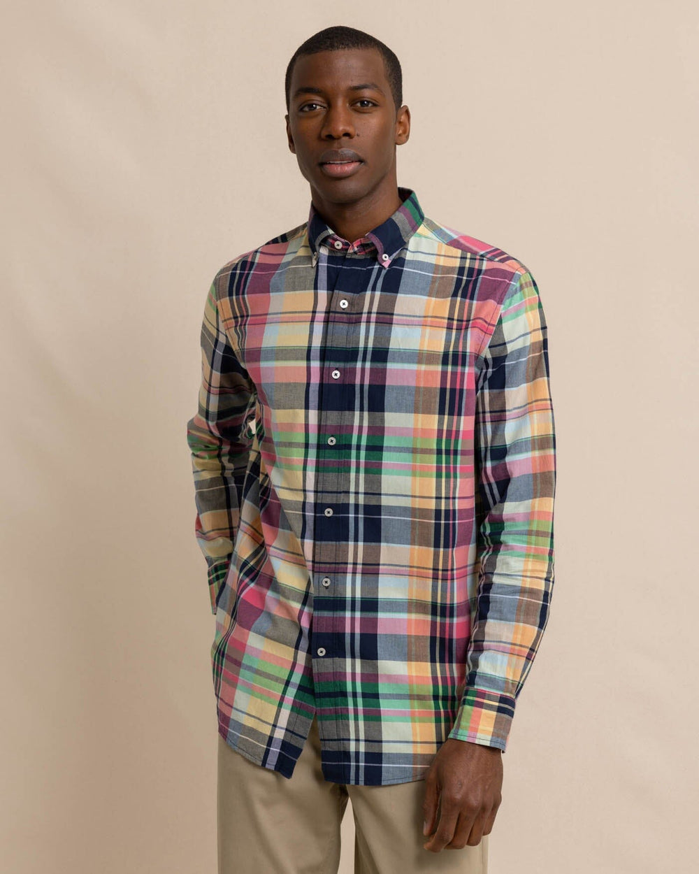 The front view of the Southern Tide Harkers Island Madras Plaid Long Sleeve Sport Shirt by Southern Tide - Dress Blue