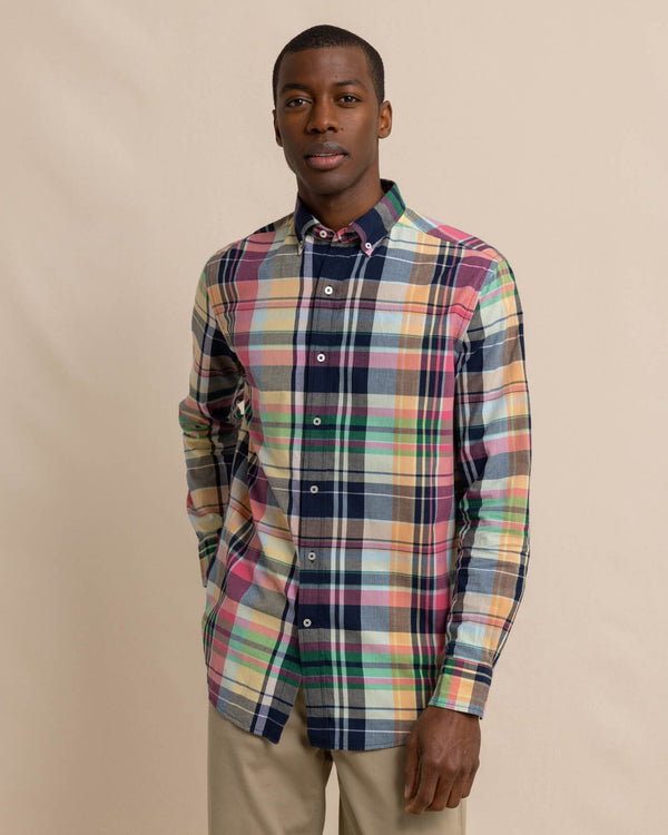 The front view of the Southern Tide Harkers Island Madras Plaid Long Sleeve Sport Shirt by Southern Tide - Dress Blue