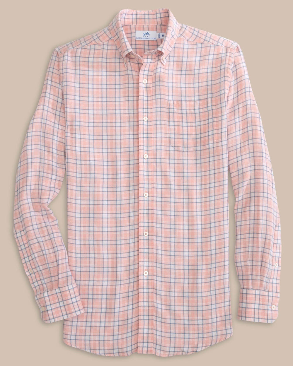 The front view of the Headland Conestee Plaid Long Sleeve Sport Shirt by Southern Tide - Apricot Blush Coral