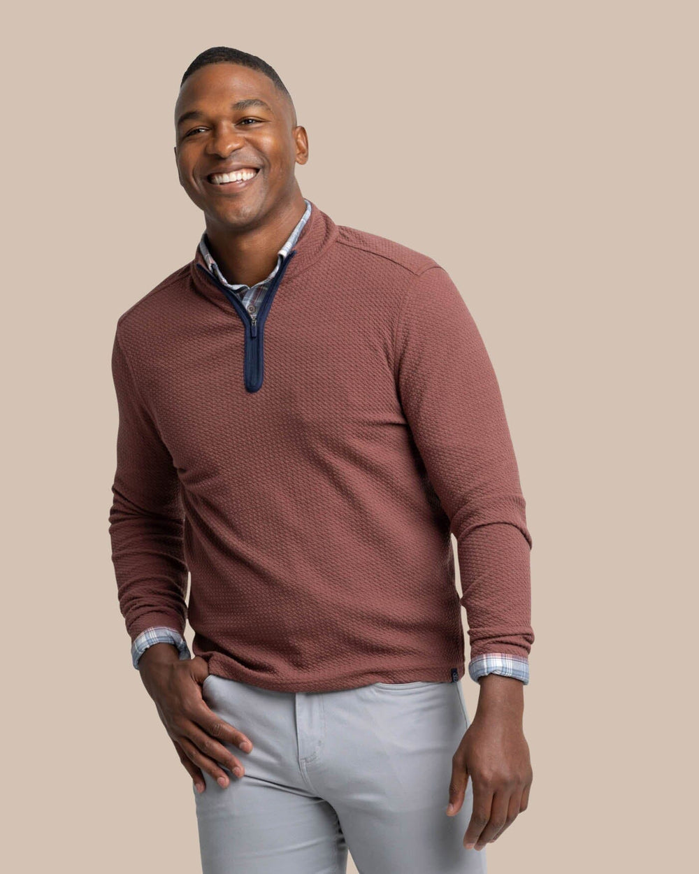 The front view of the Southern Tide Heather Outbound Quarter Zip by Southern Tide - Heather Bordeaux Red