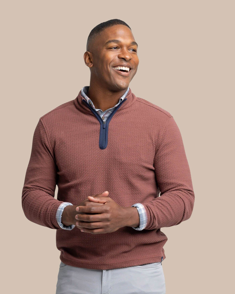 The front view of the Southern Tide Heather Outbound Quarter Zip by Southern Tide - Heather Bordeaux Red