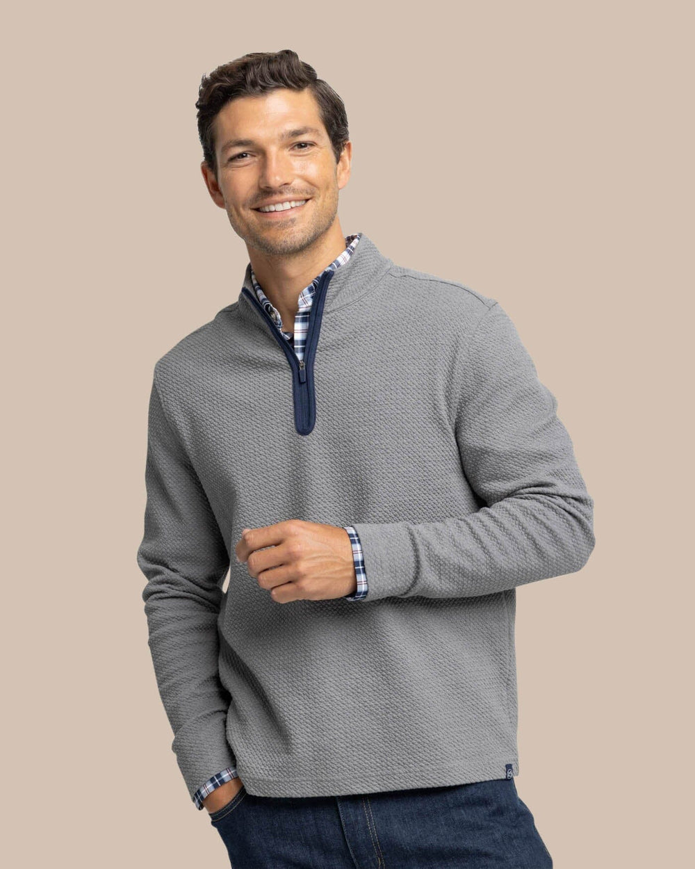 The front view of the Southern Tide Heather Outbound Quarter Zip by Southern Tide - Heather Shadow Grey