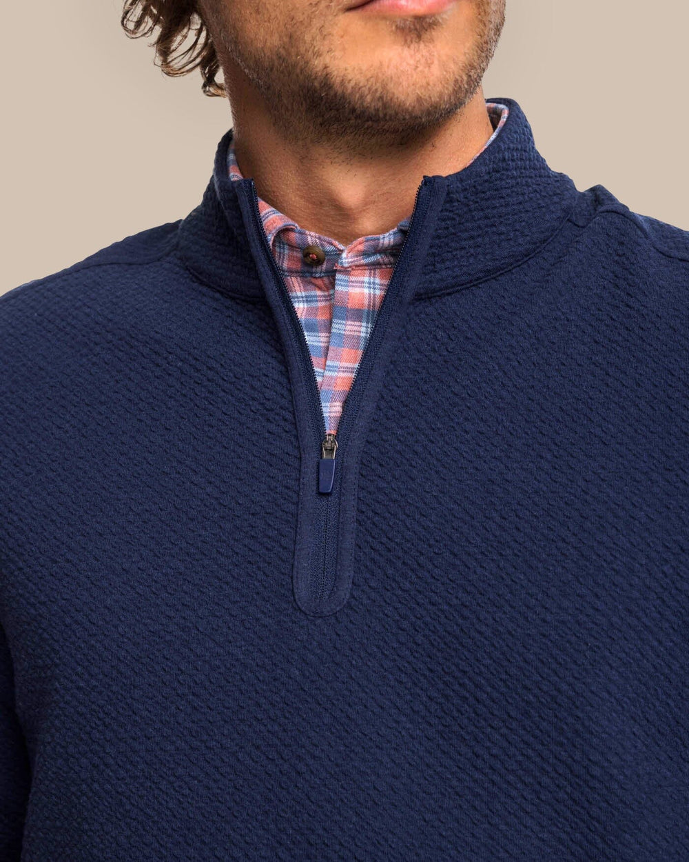 The detail view of the Southern Tide Heather Outbound Quarter Zip by Southern Tide - Heather True Navy