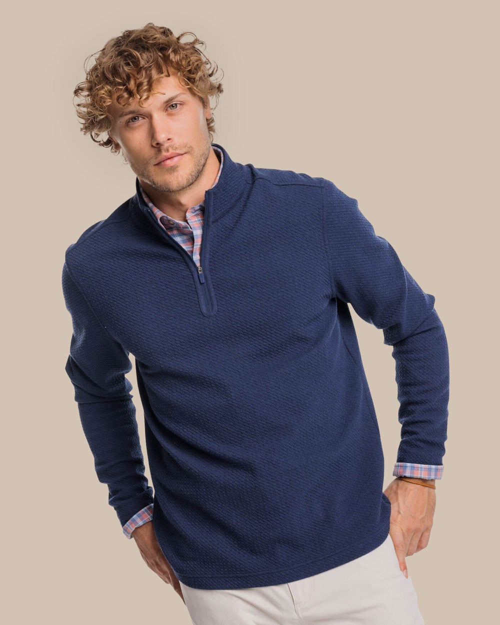 The front view of the Southern Tide Heather Outbound Quarter Zip by Southern Tide - Heather True Navy
