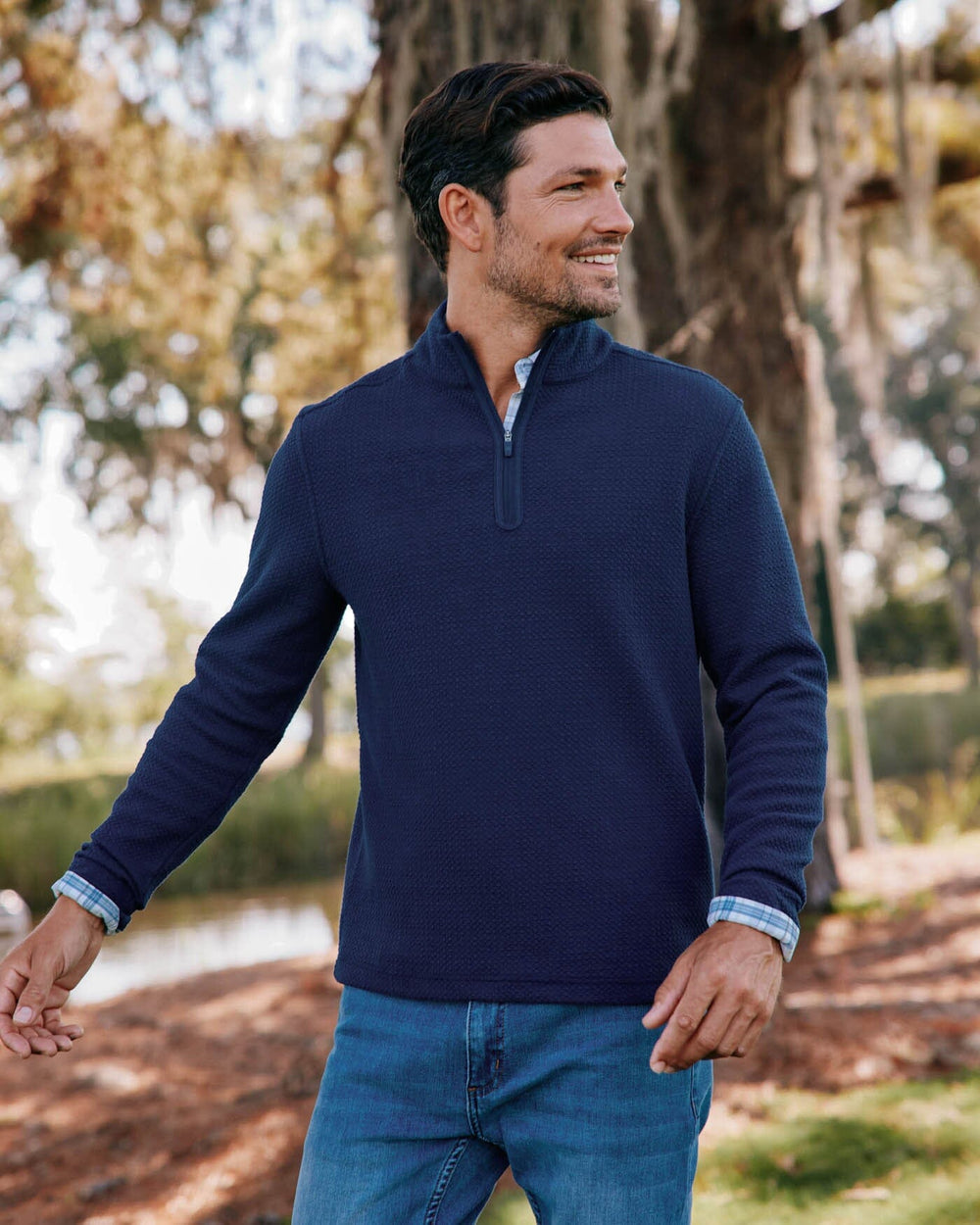 The front view of the Southern Tide Heather Outbound Quarter Zip by Southern Tide - Heather True Navy