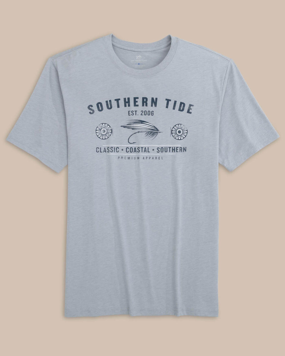 The front view of the Southern Tide Heather Reel Fly Premium Apparel Short Sleeve T-Shirt by Southern Tide - Heather Platinum Grey