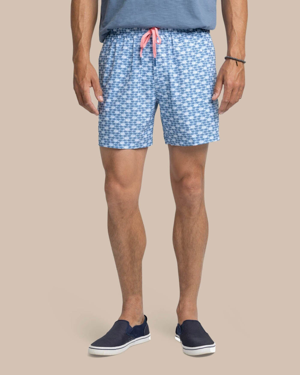 The front view of the Southern Tide Heather Skipping Jacks Swim Trunk by Southern Tide - Heather Clearwater Blue