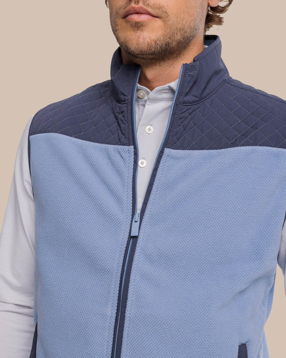 The detail view of the Southern Tide Hucksley Vest by Southern Tide - Mountain Spring Blue
