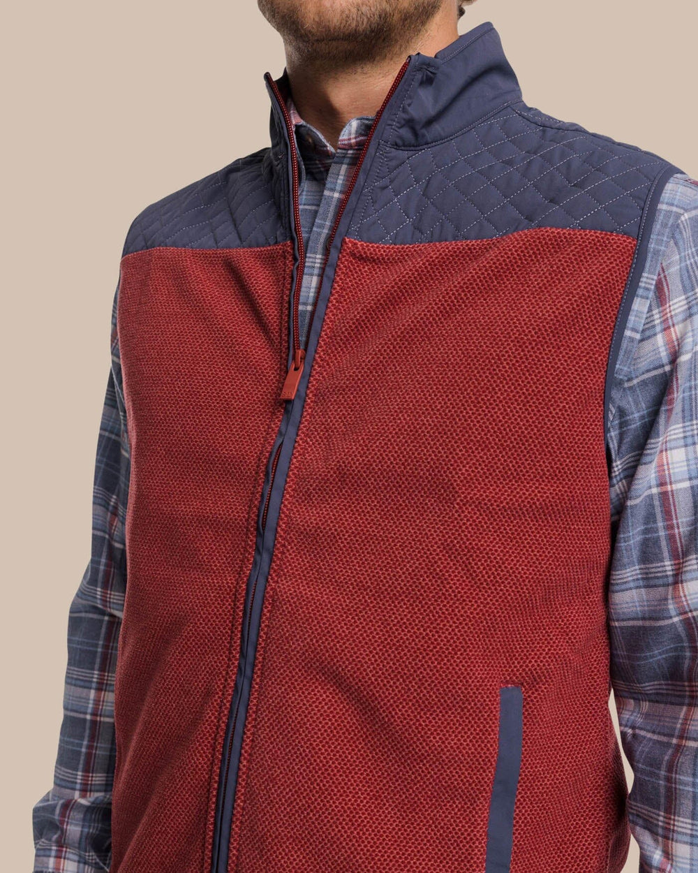 The detail view of the Southern Tide Hucksley Vest by Southern Tide - Tuscany Red