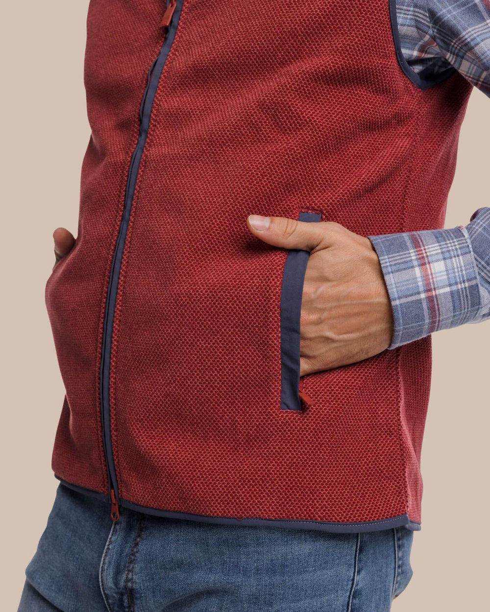 The detail view of the Southern Tide Hucksley Vest by Southern Tide - Tuscany Red