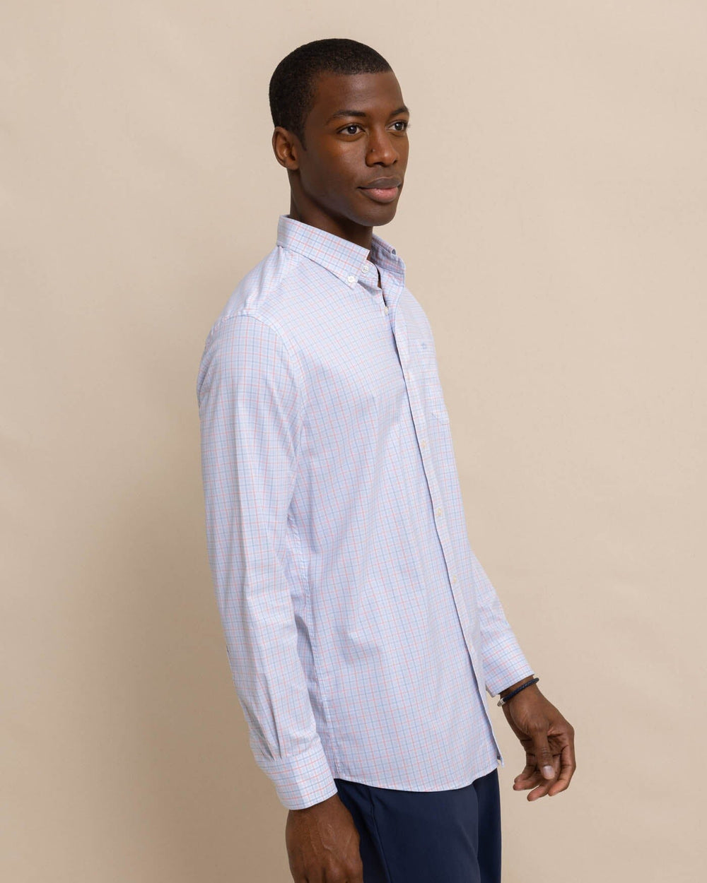 The front view of the Southern Tide Intercoastal Falls Park Plaid Long Sleeve SportShirt by Southern Tide - Clearwater Blue