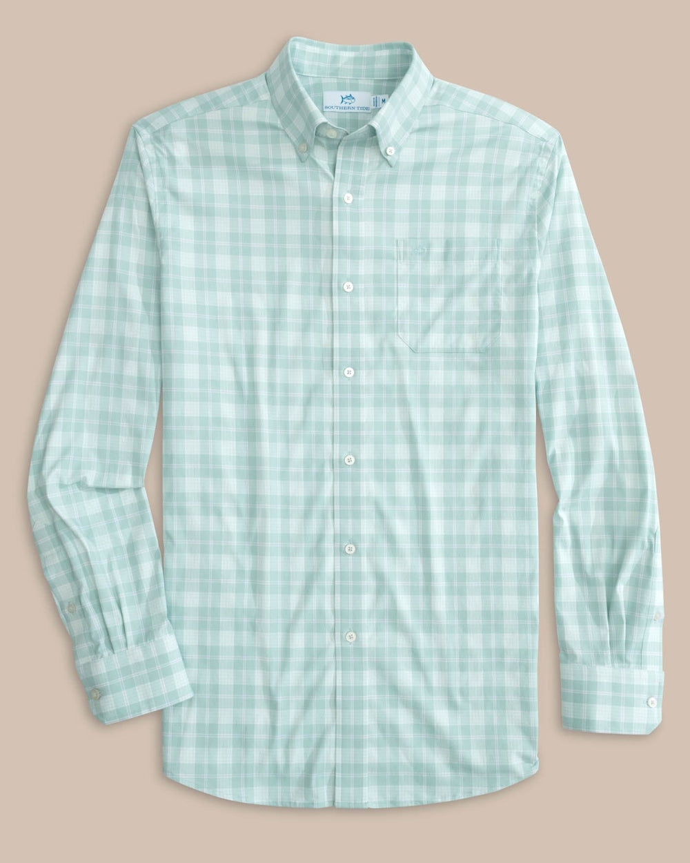 The front view of the Southern Tide Intercoastal Primrose Plaid Long Sleeve Sport Shirt by Southern Tide - Morning Mist Sage