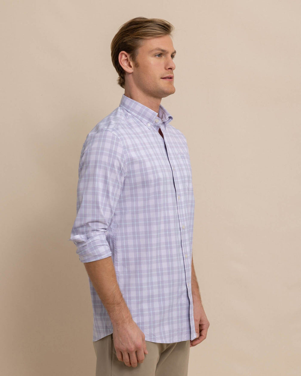 The front view of the Southern Tide Intercoastal Primrose Plaid Long Sleeve Sport Shirt by Southern Tide - Orchid Petal