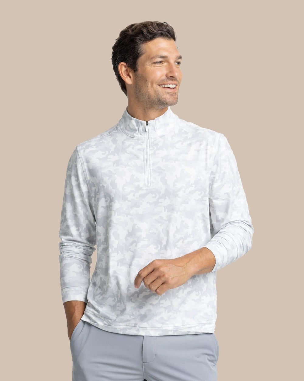 The front view of the Southern Tide Island Camo Print Cruiser Quarter Zip by Southern Tide - Classic White