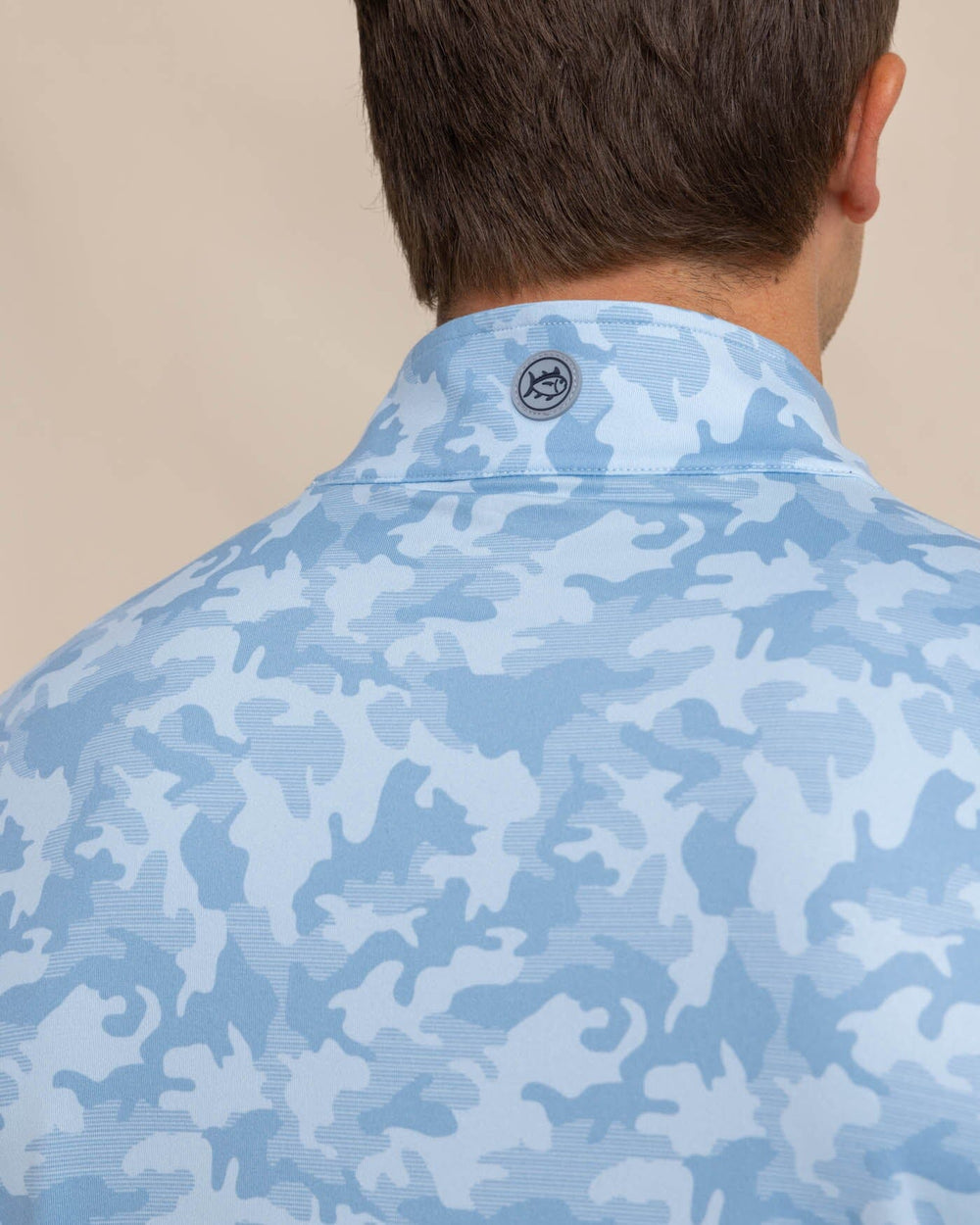 The detail view of the Southern Tide Island Camo Print Cruiser Quarter Zip by Southern Tide - Clearwater Blue