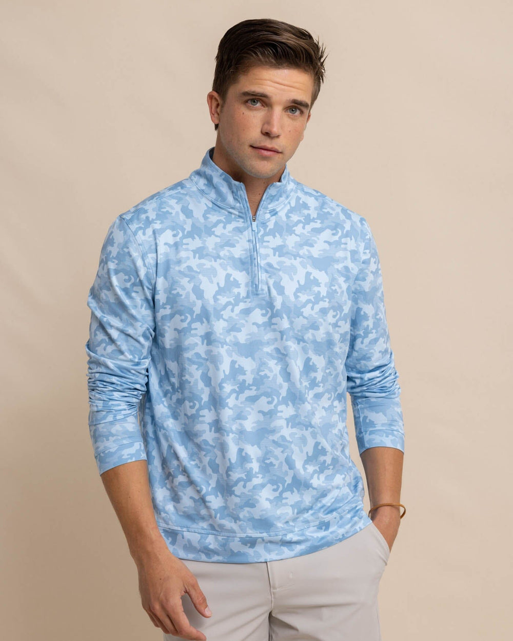 The front view of the Southern Tide Island Camo Print Cruiser Quarter Zip by Southern Tide - Clearwater Blue
