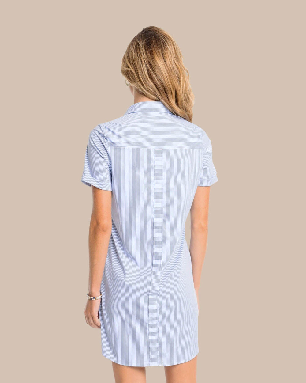 The back view of the Southern Tide Kamryn brrr Intercoastal Stripe Dress by Southern Tide - Cobalt Blue