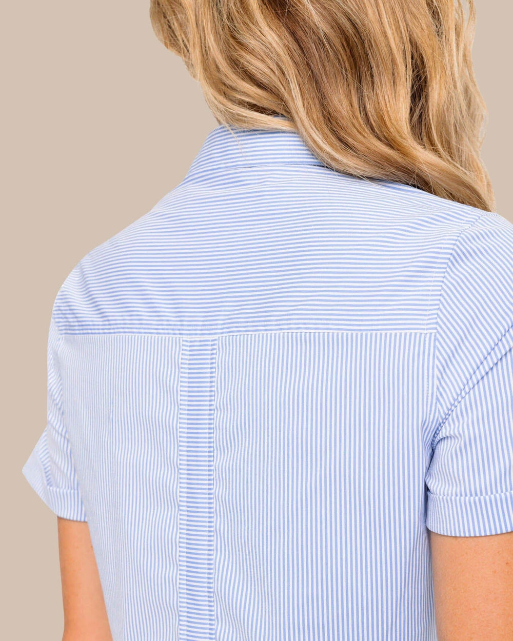The back detail view of the Southern Tide Kamryn brrr Intercoastal Stripe Dress by Southern Tide - Cobalt Blue