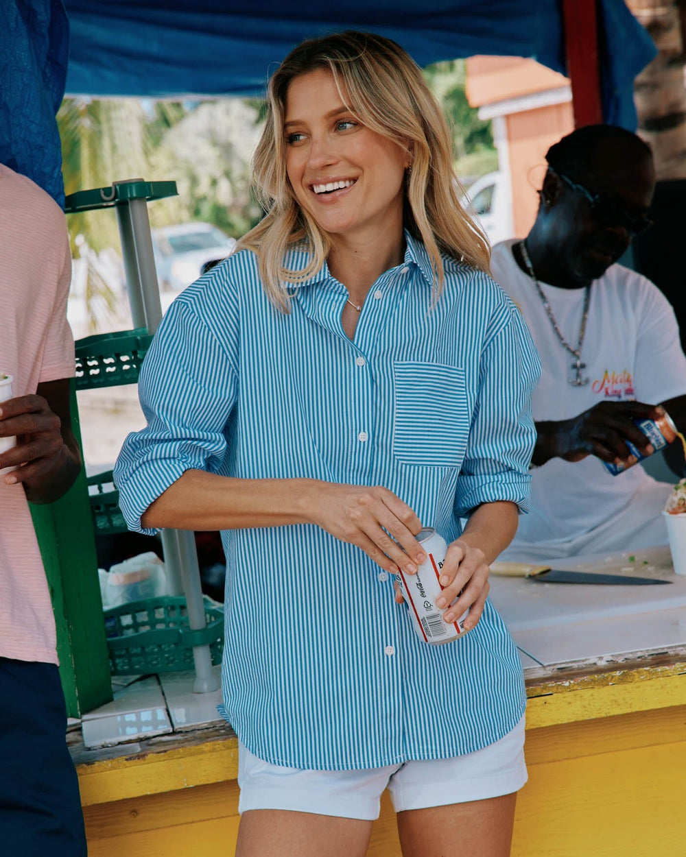 The front view of the Southern Tide Katherine Stripe Shirt by Southern Tide - Blue Fin