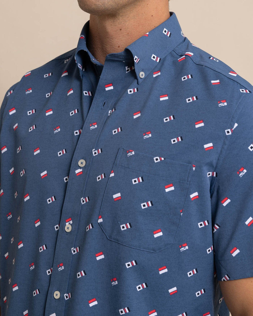 The detail view of the Southern Tide Keep It Nautical Intercoastal Heather Short Sleeve Sportshirt by Southern Tide - Heather Aged Denim