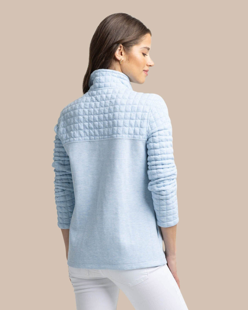 The back view of the Southern Tide Kelsea Quilted Heather Pullover by Southern Tide - Heather Dream Blue