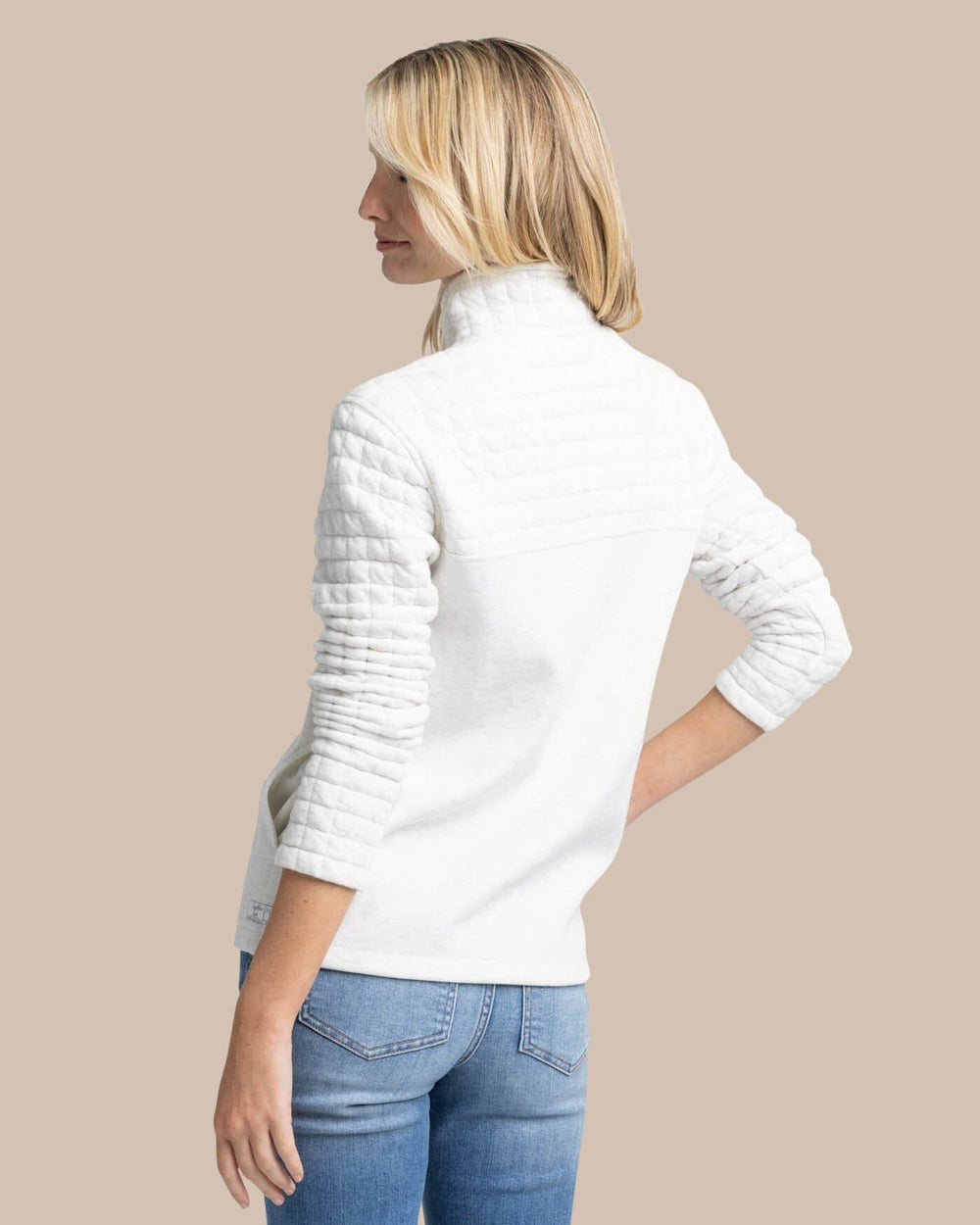The back view of the Southern Tide Kelsea Quilted Heather Pullover by Southern Tide - Heather Star White