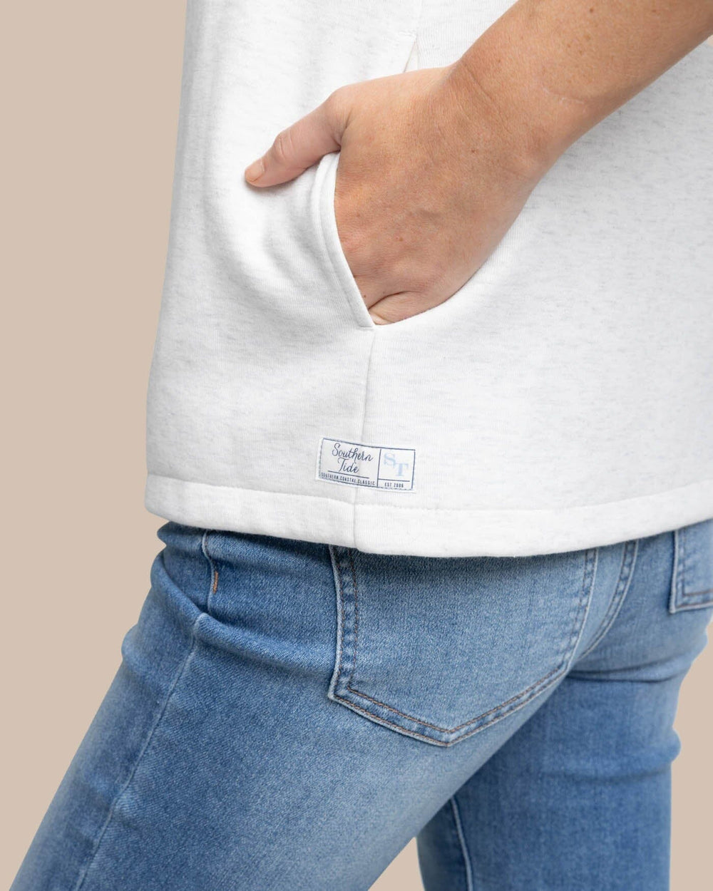 The pocket view of the Southern Tide Kelsea Quilted Heather Pullover by Southern Tide - Heather Star White