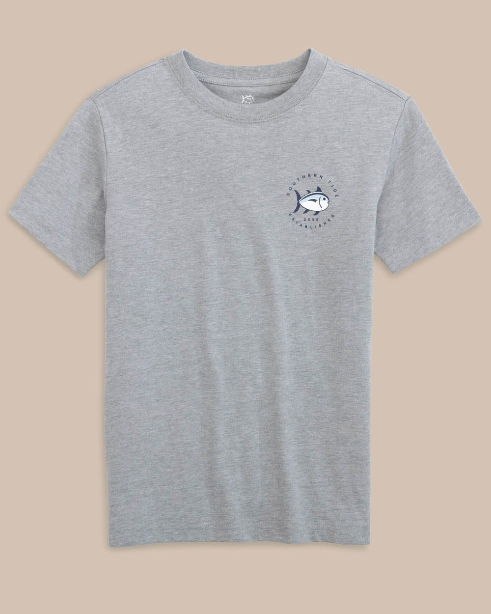 The front view of the Southern Tide Kid's Coastal Expedition Heather T-shirt by Southern Tide - Heather Quarry