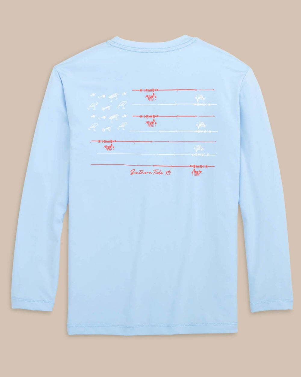 The back view of the Southern Tide Kid's Red, White, and Lure Long Sleeve Performance T-shirt by Southern Tide - Clearwater Blue