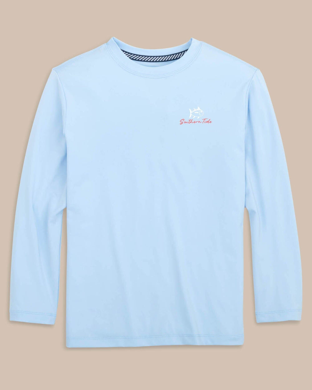 The front view of the Southern Tide Kid's Red, White, and Lure Long Sleeve Performance T-shirt by Southern Tide - Clearwater Blue