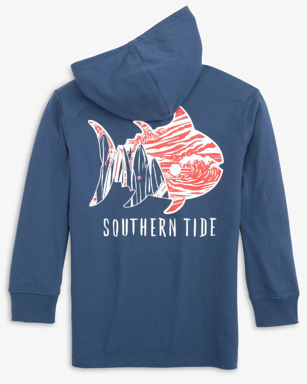 The back view of the Southern Tide Kid's Surfing Skipjack Hoodie T-shirt by Southern Tide - Aged Denim