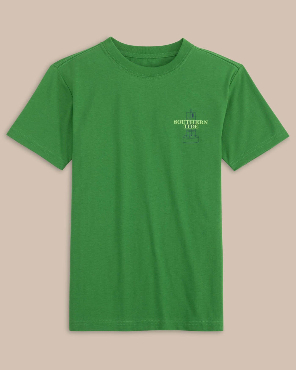 The front view of the Southern Tide Kids Buoy Badge Heather Short Sleeve T-Shirt by Southern Tide - Heather Foliage Green