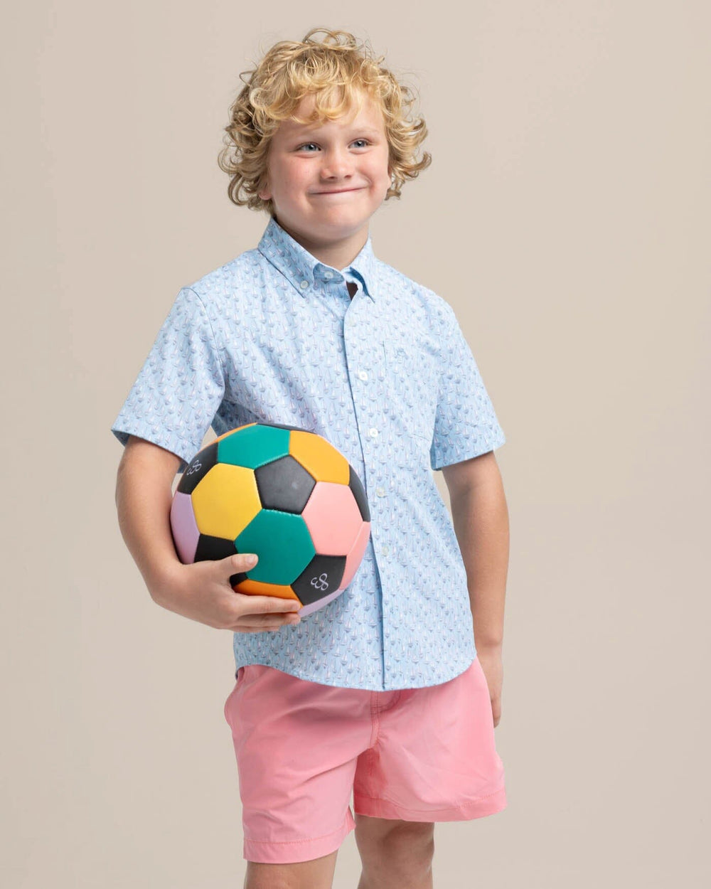 The front view of the Southern Tide Youth Intercoastal Forget A-Boat It Short Sleeve Sport Shirt by Southern Tide - Clearwater Blue