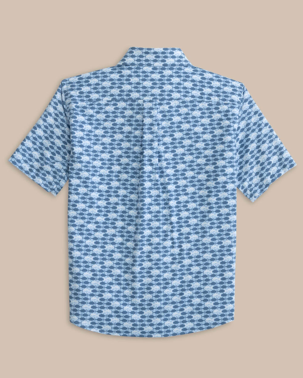 The back view of the Southern Tide Kids Intercoastal Heather Skipping Jacks Short Sleeve Sport Shirt by Southern Tide - Heather Clearwater Blue