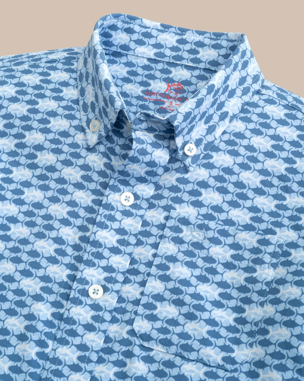 The detail view of the Southern Tide Kids Intercoastal Heather Skipping Jacks Short Sleeve Sport Shirt by Southern Tide - Heather Clearwater Blue