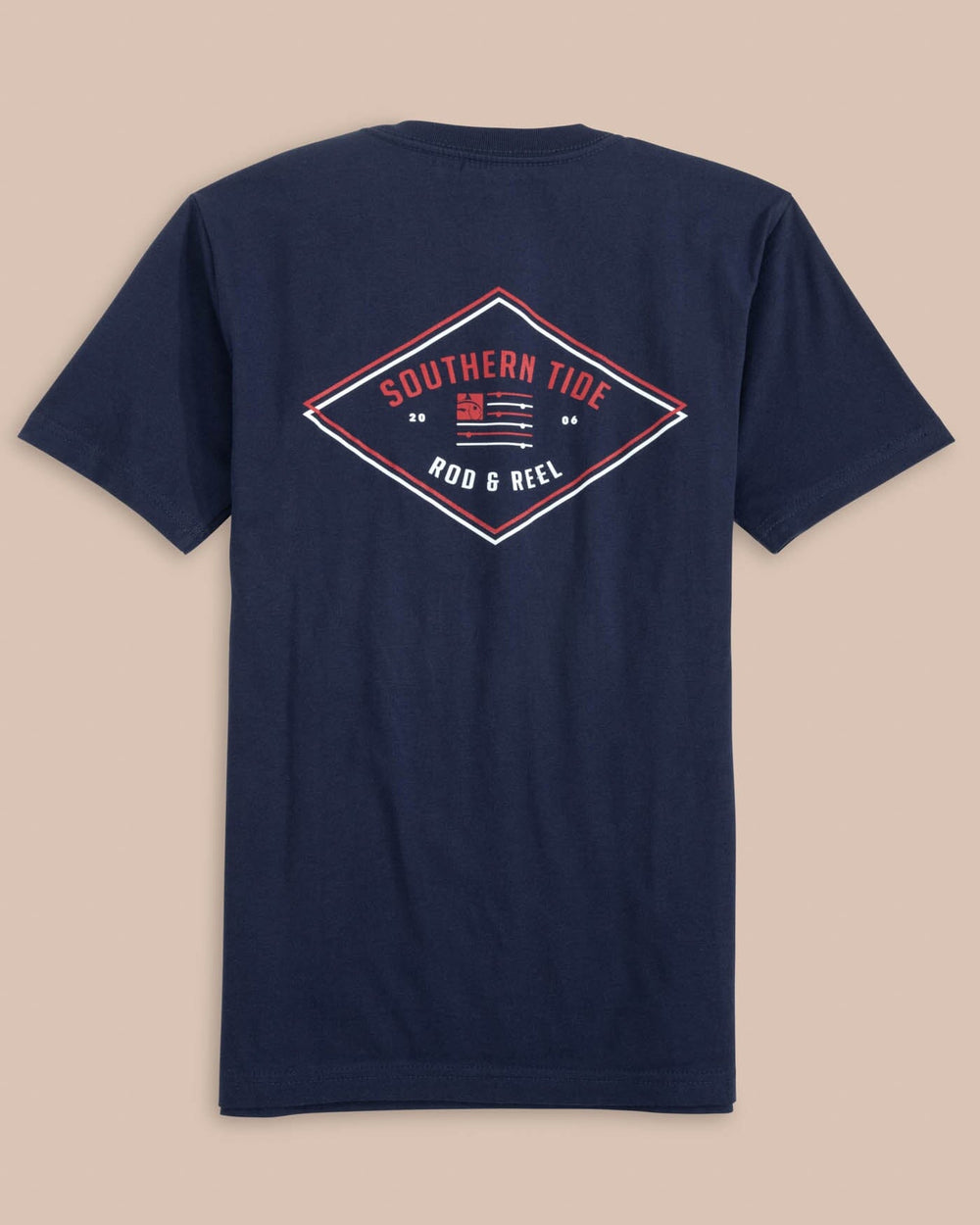 The back view of the Southern Tide Kids Rod and Reel Flag Short Sleeve T-Shirt by Southern Tide - True Navy