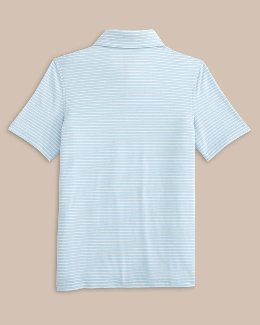 The back view of the Southern Tide Kids Ryder Heather Halls Stripe Performance Polo by Southern Tide - Heather Clearwater Blue