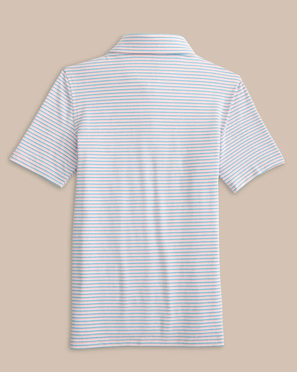 The back view of the Southern Tide Kids Ryder Heather Halls Stripe Performance Polo by Southern Tide - Heather Pale Rosette Pink