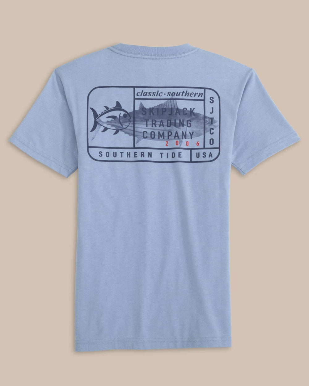 The back view of the Southern Tide Kids Skipjack Trading Co Short Sleeve T-Shirt by Southern Tide - Eternal Blue